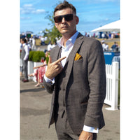 Мъжки кафяв кариран костюм от туид с 3 части - STZ17