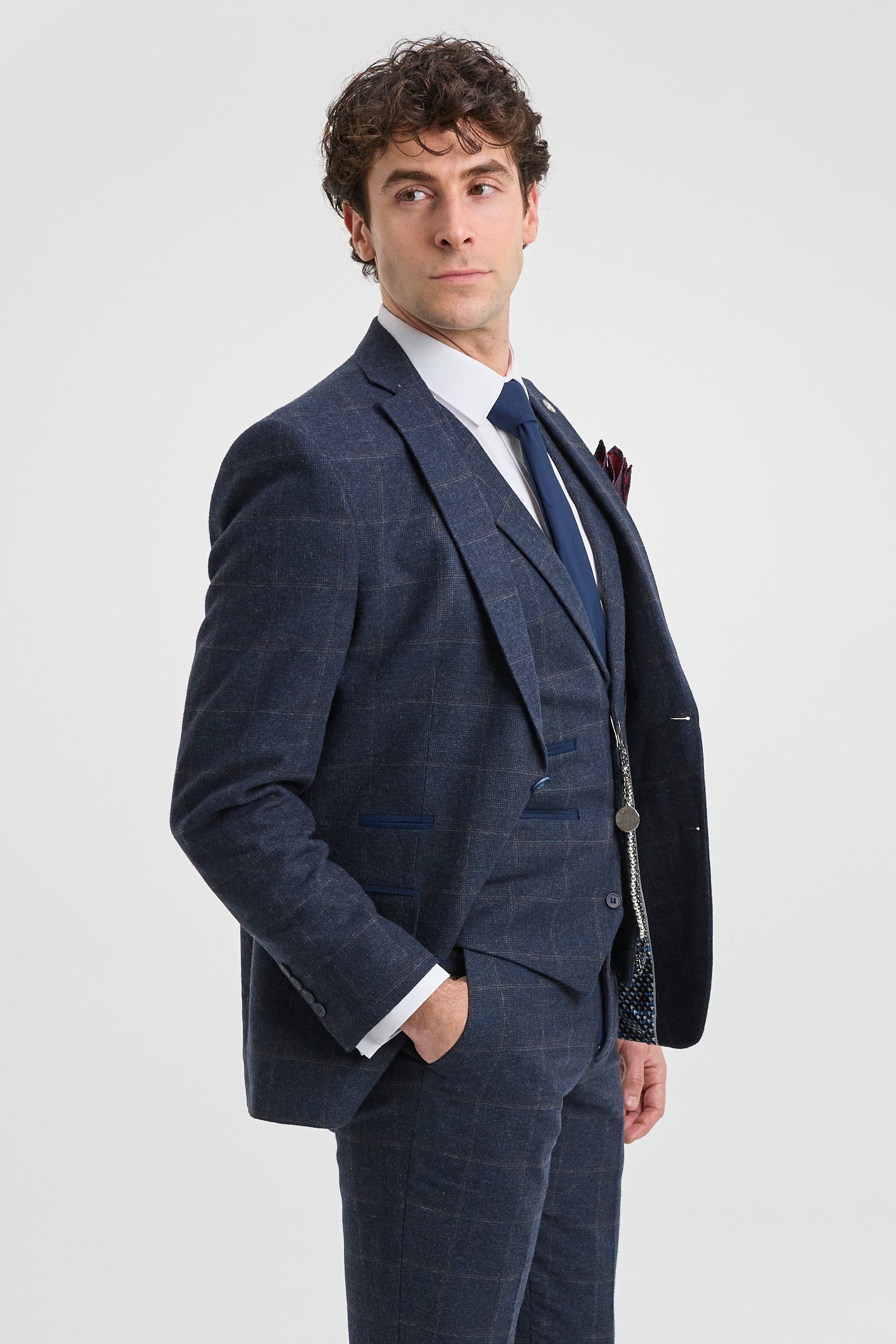 Мъжки костюм от 3 части, вълнен туид, тъмносин, кафяв, кариран, Гетсби от 20-те години на миналия век