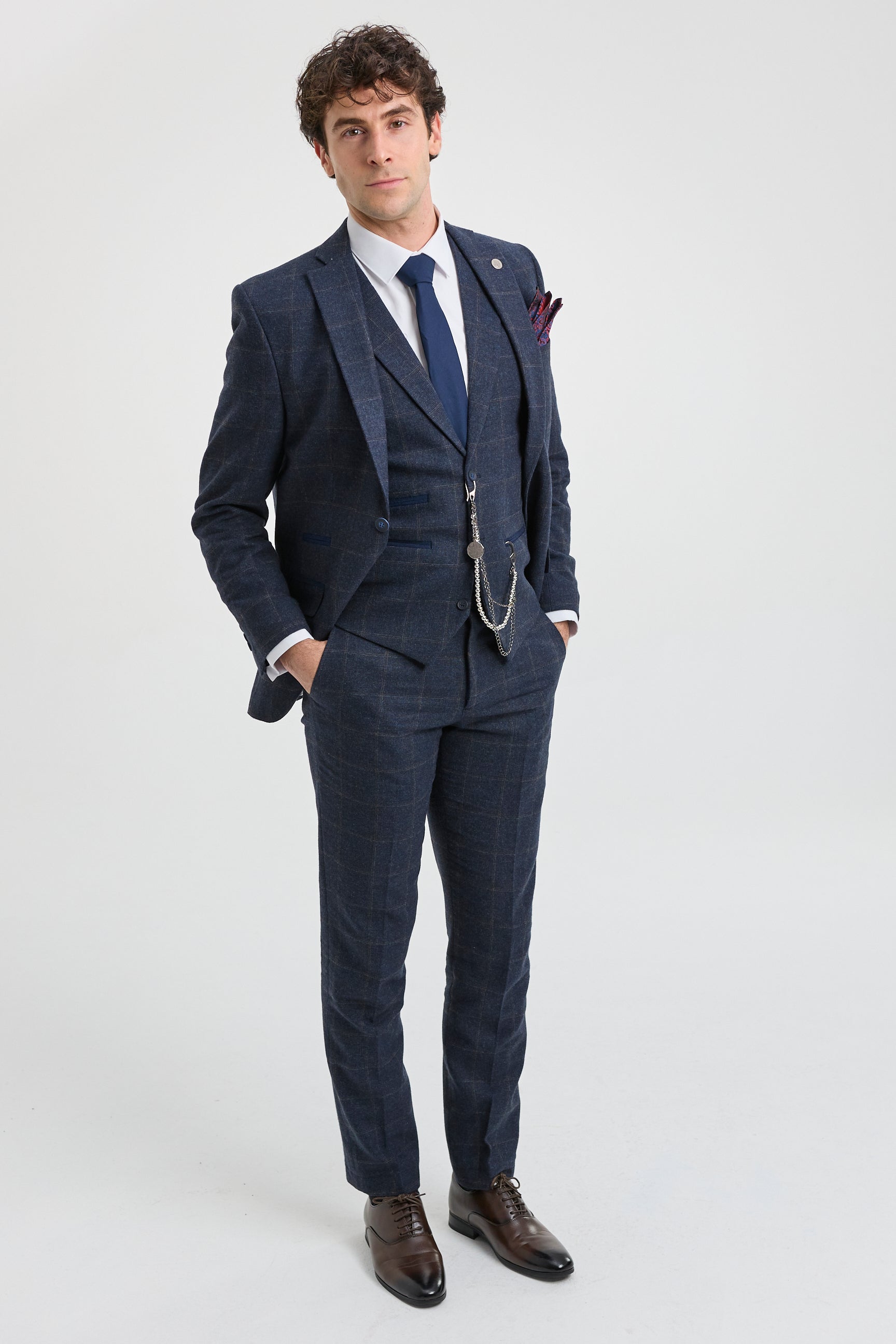 Мъжки костюм от 3 части, вълнен туид, тъмносин, кафяв, кариран, Гетсби от 20-те години на миналия век