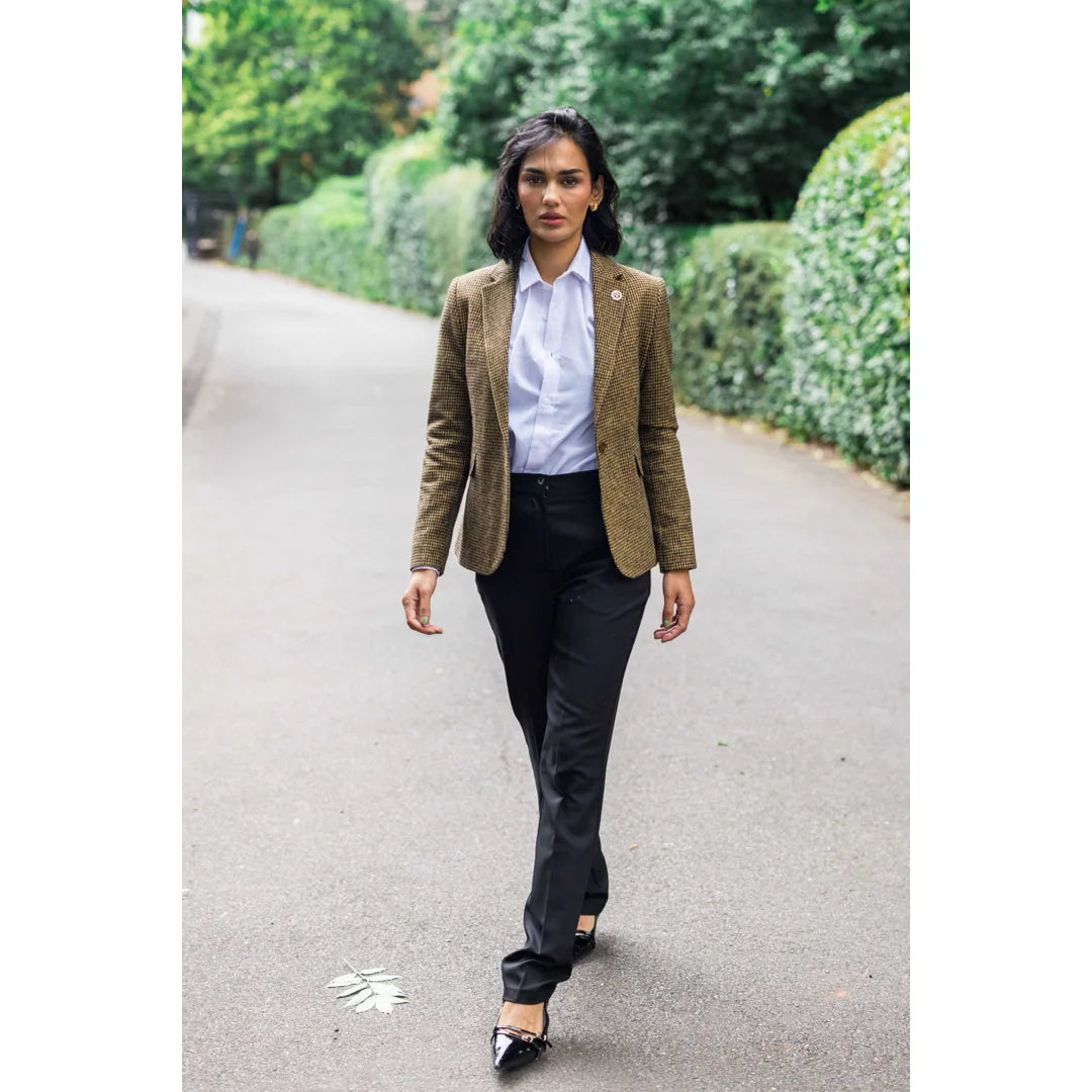 TPW-20 - Дамско сако от туид с кафяв дизайн и кучешки зъб