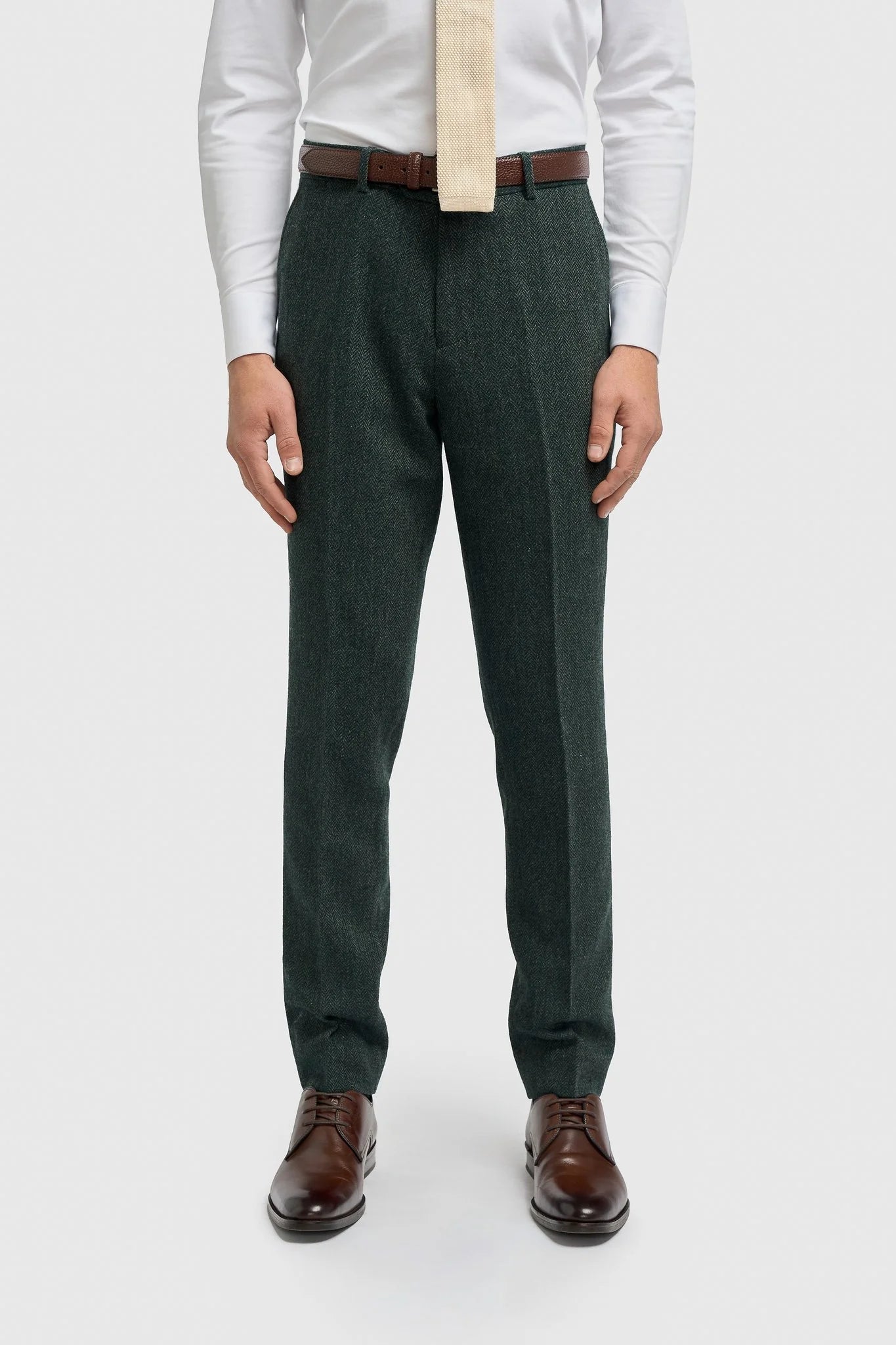 Thomas - Маслиненозелен костюм от 3 части от вълнена смес от туид