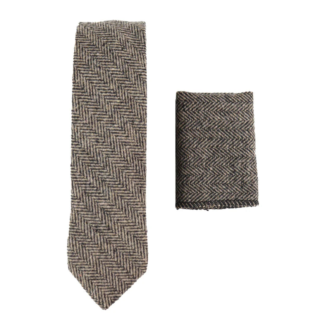 281 - Men's Oak Herringbone Tweed Wool Tie & Handkerchief 2"
