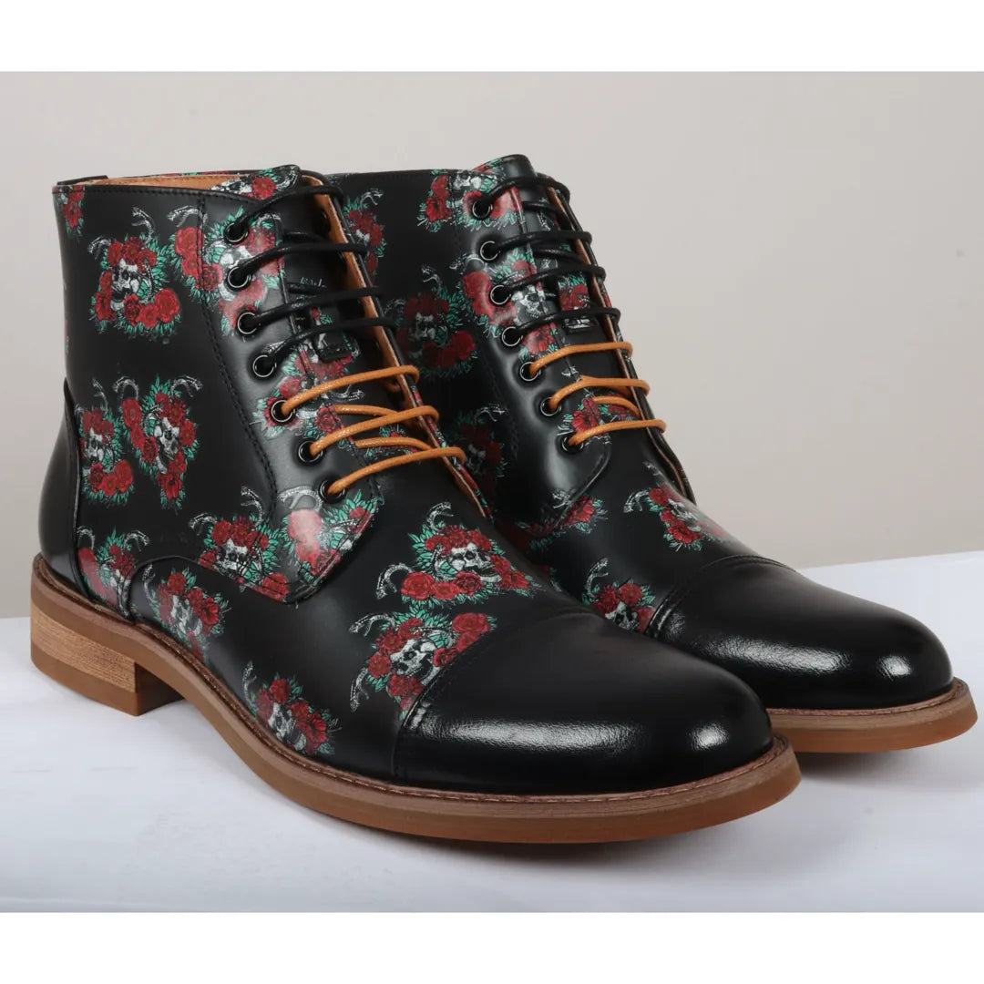Adam - Men's Black Floral Skull Print Leather Oxford Boots