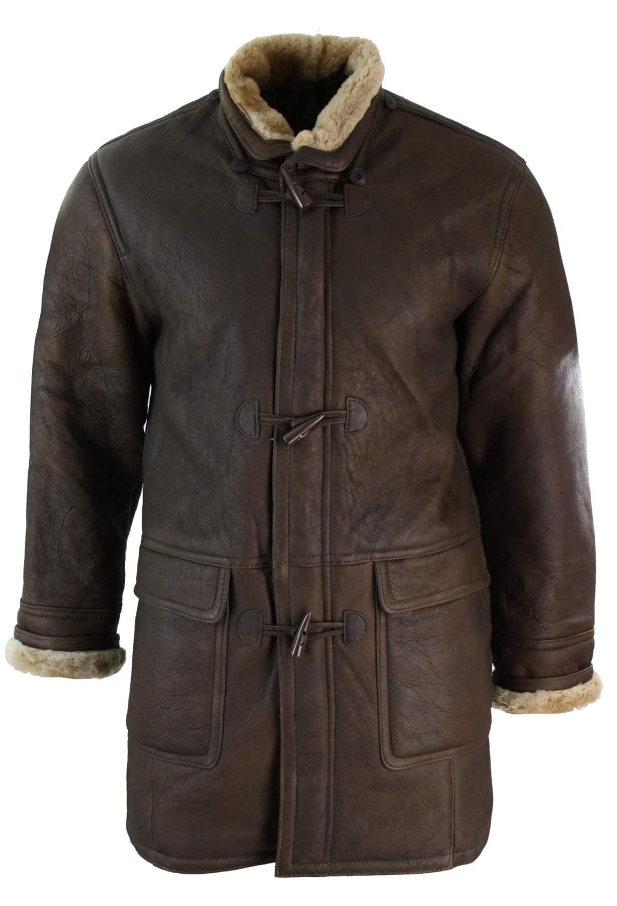 Mens Winter Real Sheepskin Leather Duffle Safari Jacket Brown & Cream Hood Vintage-B3 Brown Ginger