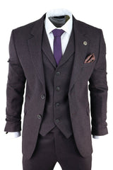 Men's Plum Herringbone Tweed 3 Piece Suit