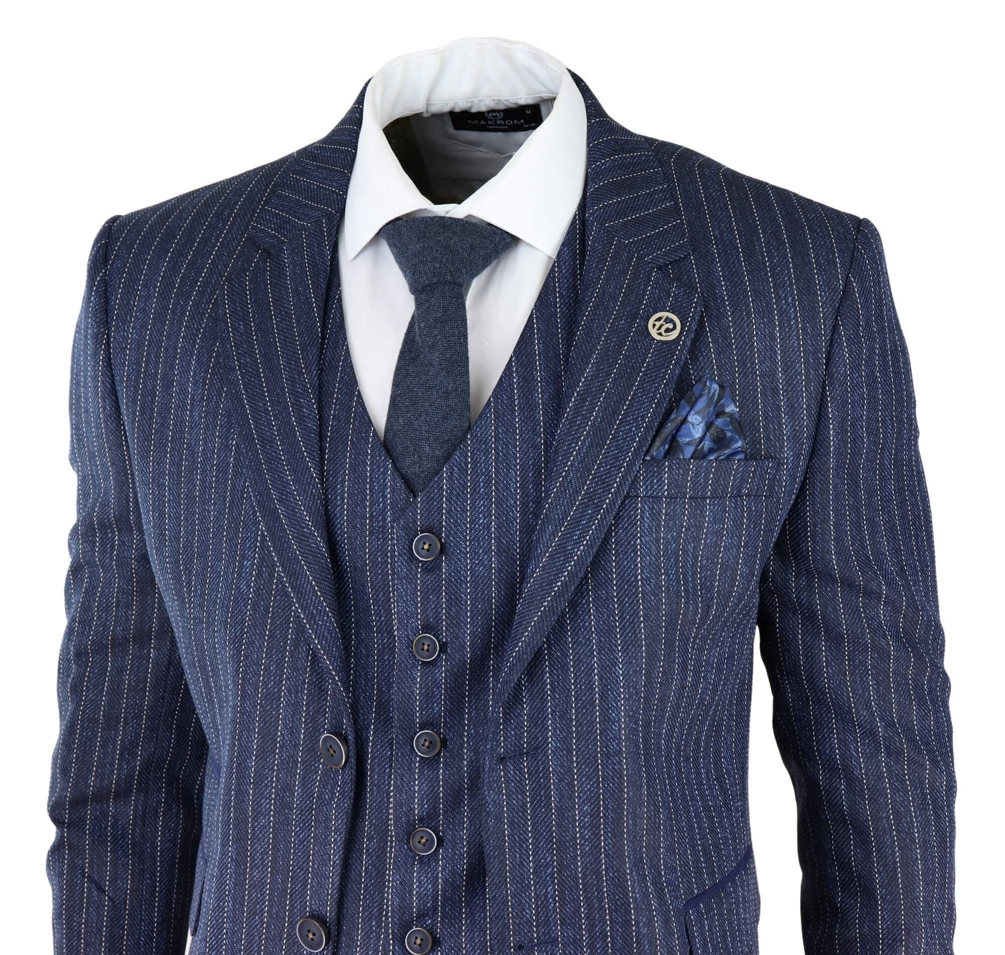 Men's Blue Pinstripe Herringbone Tweed 3 Piece Suit