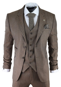 Men's Oak Brown Pinstripe Herringbone Tweed 3 Piece Suit