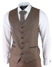 Men's Oak Brown Pinstripe Herringbone Tweed 3 Piece Suit