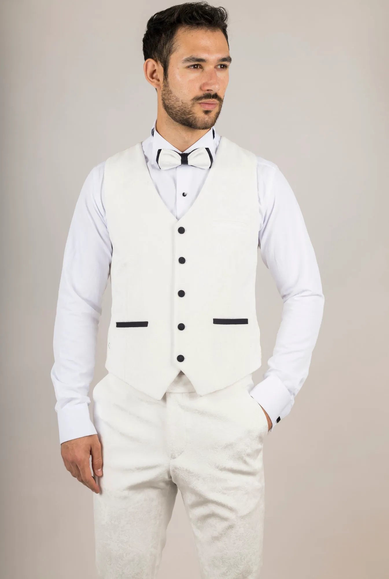 AK-24 Men's White 3-Piece Velvet Wedding Tuxedo with Black Lapels