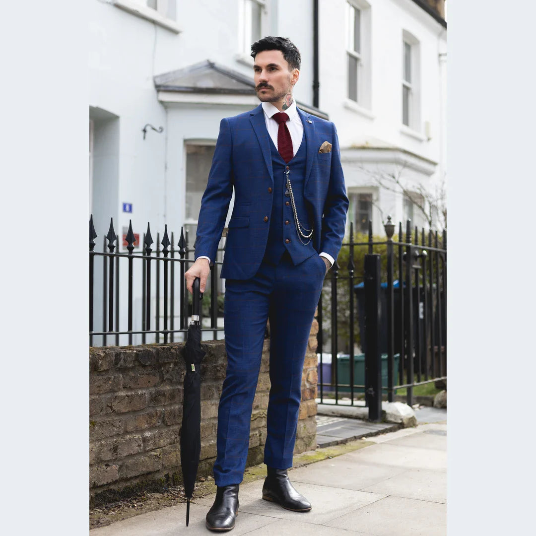 Мъжки синьо-кафяв кариран костюм от 3 части, вталени, за сватба, абитуриентски бал, състезания, принц на Уелс