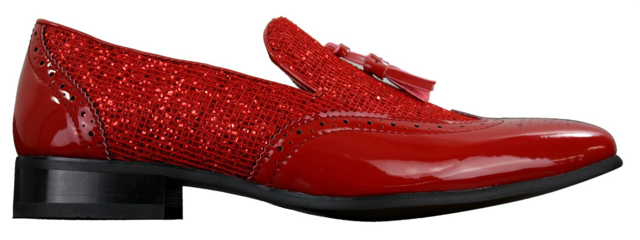 Mens Smart Party Shiny Tassle Shoes Red Silver Black Slip On Patent Leather