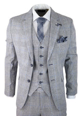 Mens 3 Piece Summer Suit Grey Check Blue Black Tailored Fit Classic Wedding Formal