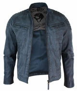 Real Washed Leather Slim Fit Retro Style Zipped Mens Biker Jacket Tan Brown Blue Urban-Zulu Blue