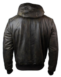 Mens Brown Washed Distressed Removable Hood Bomber Leather Jacket Quilted