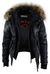 Mens Real Fur Hood Bomber Leather Jacket Black Puffer Padded-Black