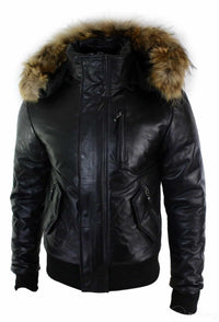 Mens Real Fur Hood Bomber Leather Jacket Black Puffer Padded-Black
