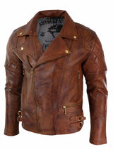 Real Leather Slim Fit Cross Zip Retro Vintage Brown Biker Punk Rock Mens Jacket-Nevada Timber