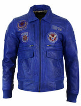 Mens Real Leather Black Bomber Badge Air Force Pilot Flying Jacket-Blue