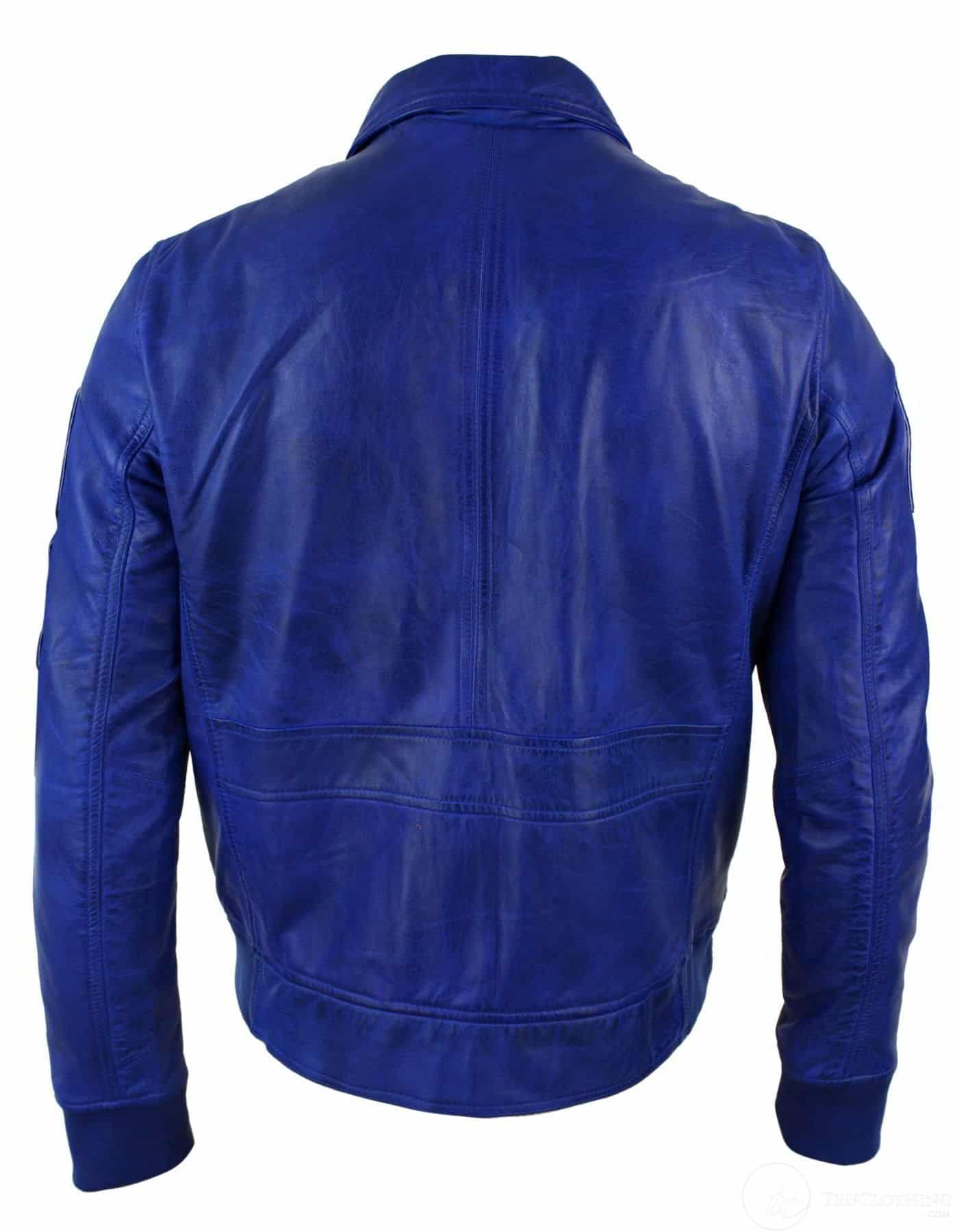 Mens Real Leather Black Bomber Badge Air Force Pilot Flying Jacket-Blue