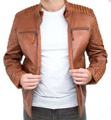 Real Leather Slim Fit Tan Brown Washed Vintage Mens Jacket Zipped Casual