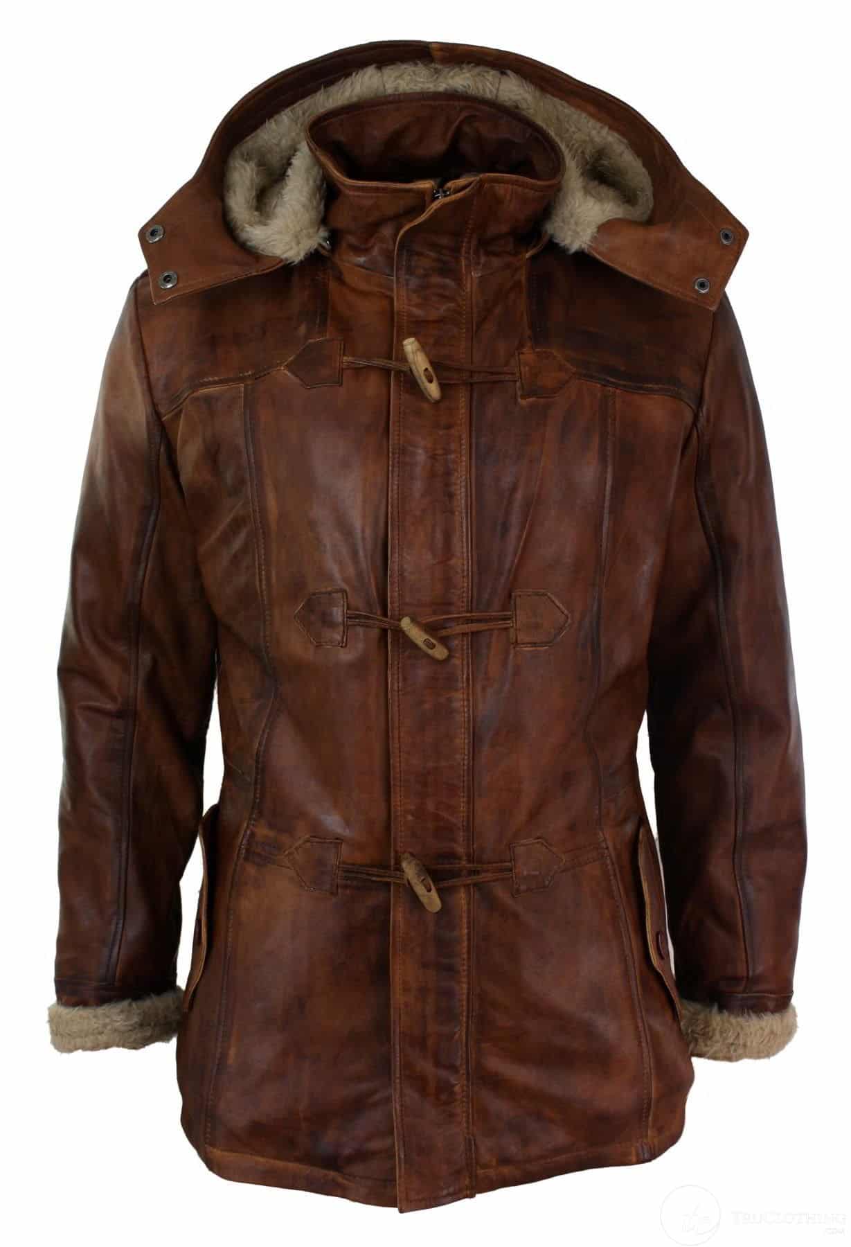 Mens Real Leather Hood Duffle Safari Jacket Long 3/4 Fur Washed Timber Brown Tan-Nevada Timber