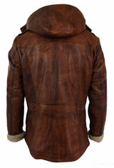 Mens Real Leather Hood Duffle Safari Jacket Long 3/4 Fur Washed Timber Brown Tan-Nevada Timber