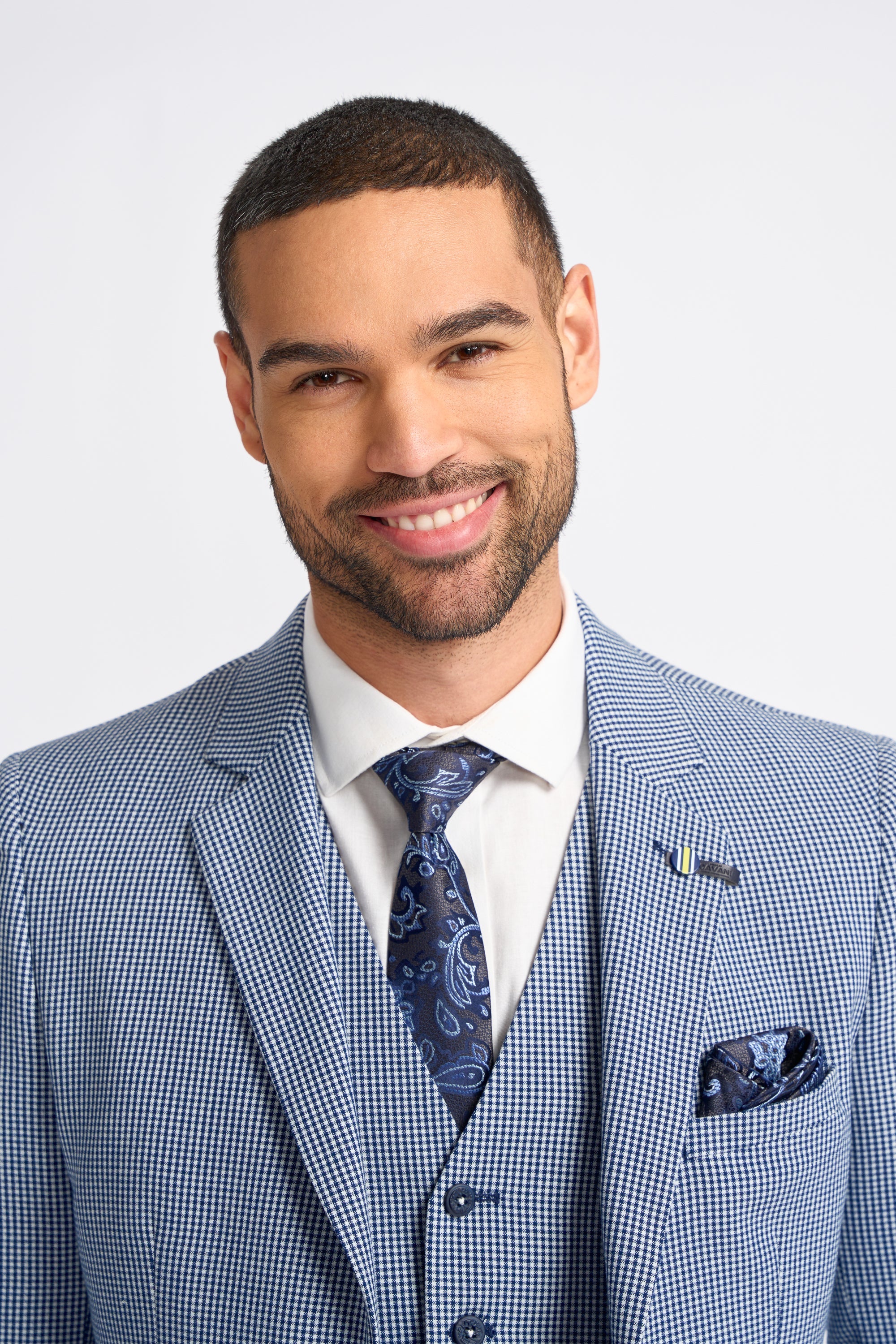 Мъжки костюм от 3 части Baresi в сив и тъмносин контрастен класически летен каре