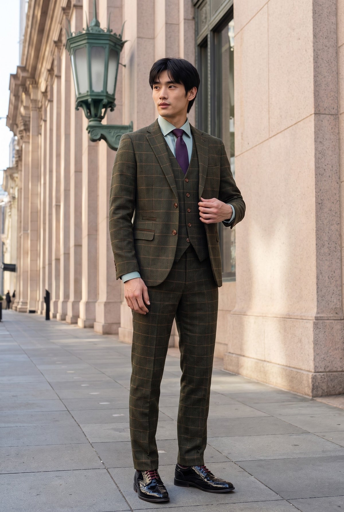 Look #509 styled with Harris - Мъжки зелен костюм от туид от 3 части, изработен от вълнена смес