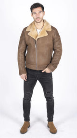 Mens Genuine Sheepskin Leather Cross Zip Flying Aviator Jacket Camel Brown Fur
