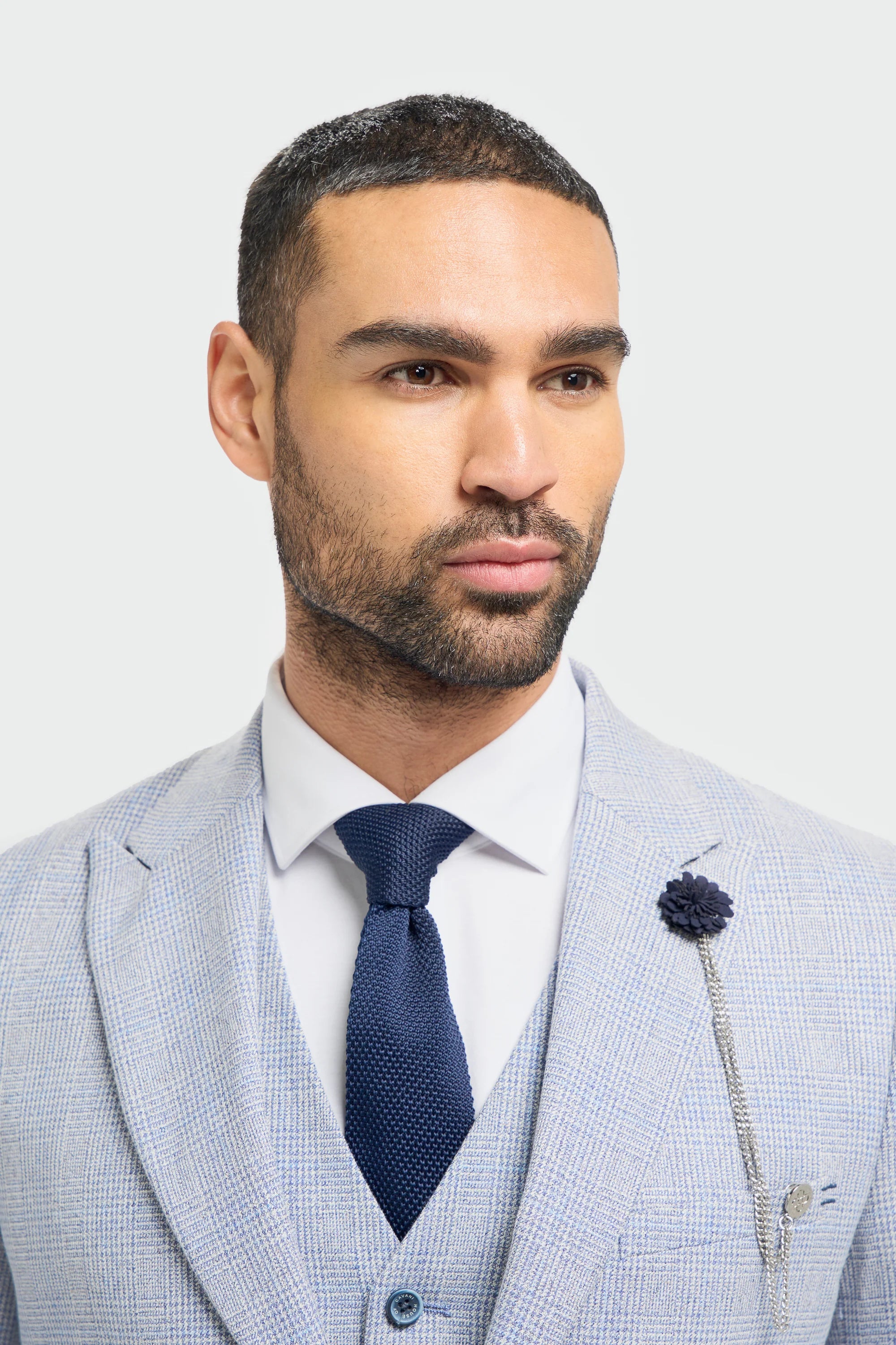 Мъжки костюм от 3 части, кариран, туид, светлосин, втален, сватбен, класически