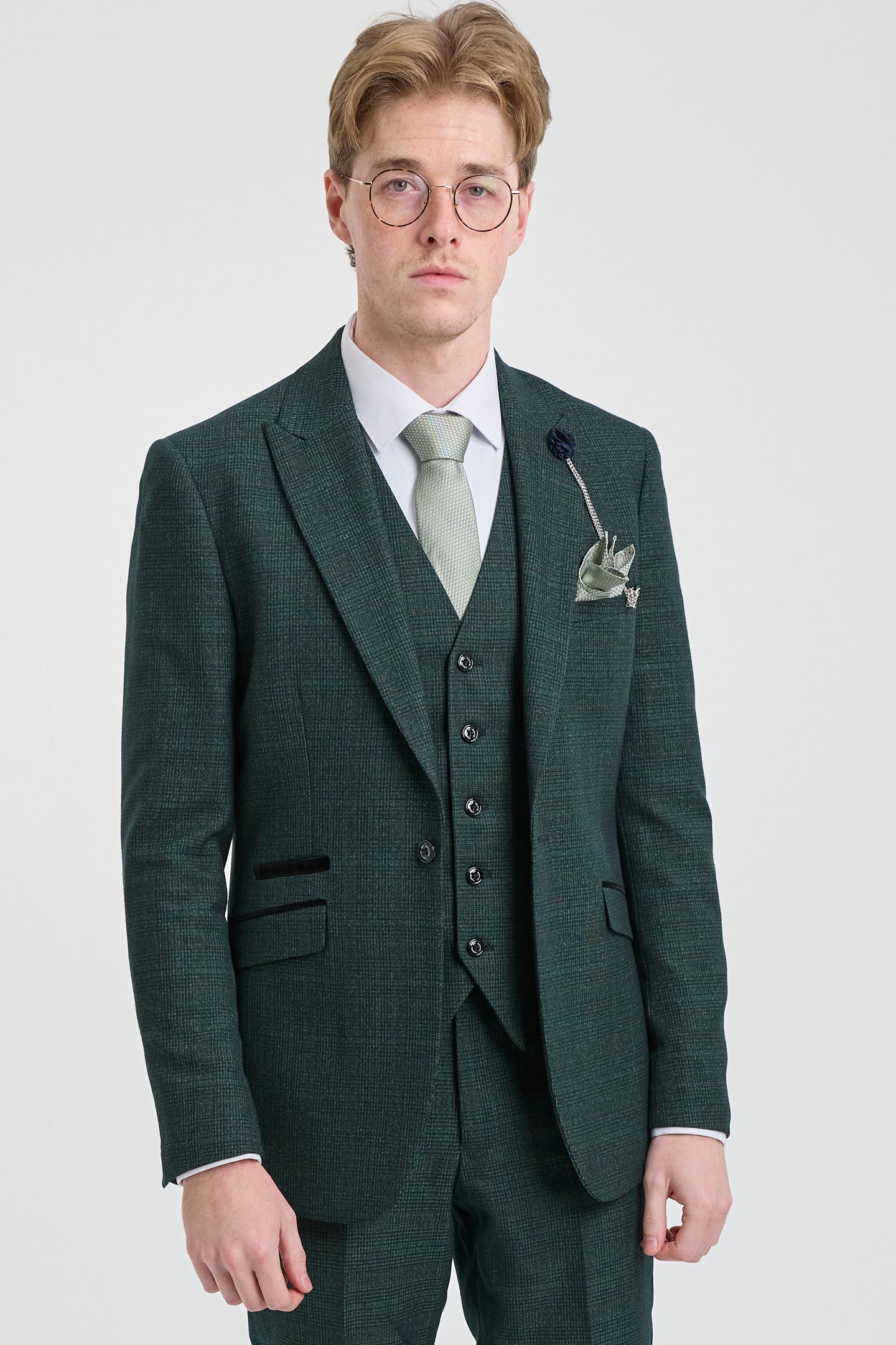 Мъжки костюм от 3 части, кариран, туид, маслинено зелен, вталена кройка, сватбен, Peaky Classic