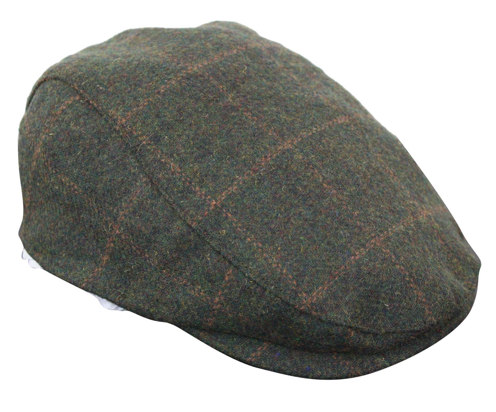 Cavani Kempson Flat Cap - Mens Tweed Wool Check Grandad Hat Vintage - Olive Green/Navy Blue