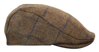 Cavani Kempson Flat Cap - Mens Tweed Wool Check Grandad Hat Vintage - Olive Green/Navy Blue