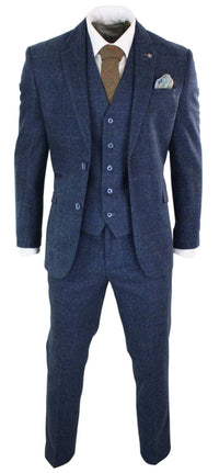 Cavani Carnegi - Mens 3 Piece Navy Blue Tweed Check 1920's Vintage Suit