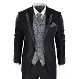 Men's Black 3-Piece Wedding Suit with Silver Cravat and Embellished Waistcoat