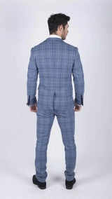 Mens Marc Darcy Light Blue Navy Check 3 Piece suit Smart Casual Tweed Slim Fit Clinton