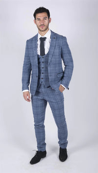 Mens Marc Darcy Light Blue Navy Check 3 Piece suit Smart Casual Tweed Slim Fit Clinton