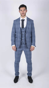 Mens Marc Darcy Light Blue Navy Check 3 Piece suit Smart Casual Tweed Slim Fit Clinton