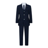 Boys Blue 3 Piece Suit Navy Check Wedding Prom Formal Vintage Tailored Fit