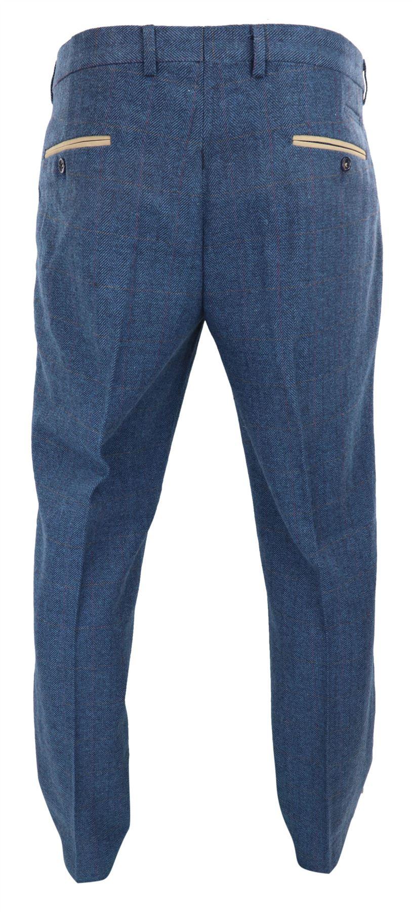 Dion - Men's Blue Herringbone Tweed Check Trousers