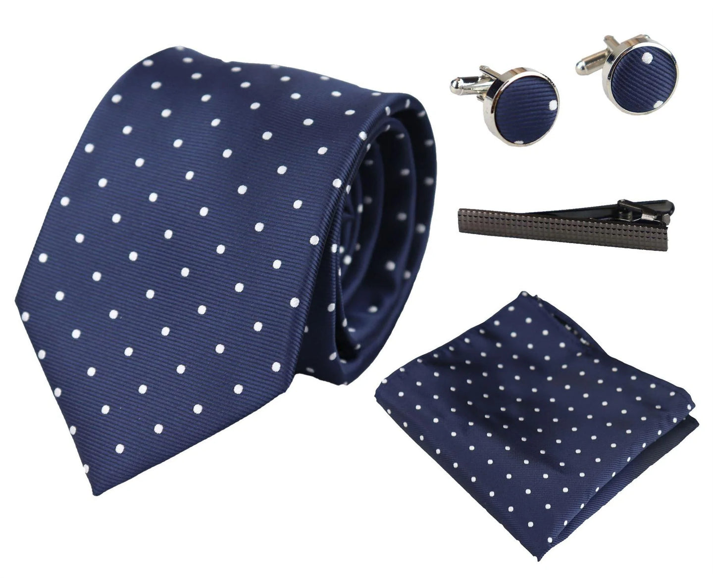 Dotted Navy Neck Tie Gift Set Pocket Square Cuff Links Tie Pin Polka Dot Satin