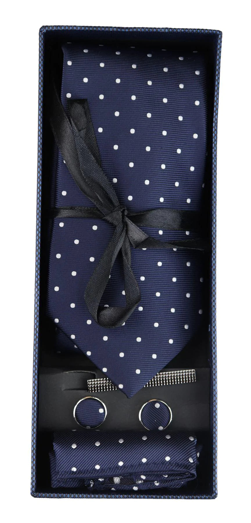 Dotted Navy Neck Tie Gift Set Pocket Square Cuff Links Tie Pin Polka Dot Satin