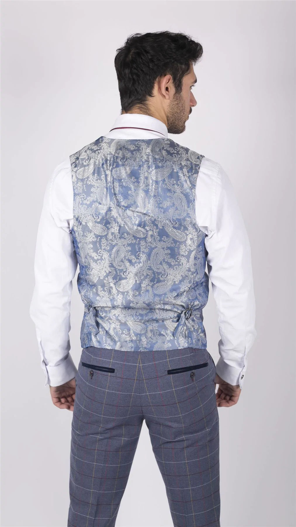 Mens Marc Darcy Blue Grey Red Check 3 Piece Suit Smart Casual Tweed Slim Fit Drake