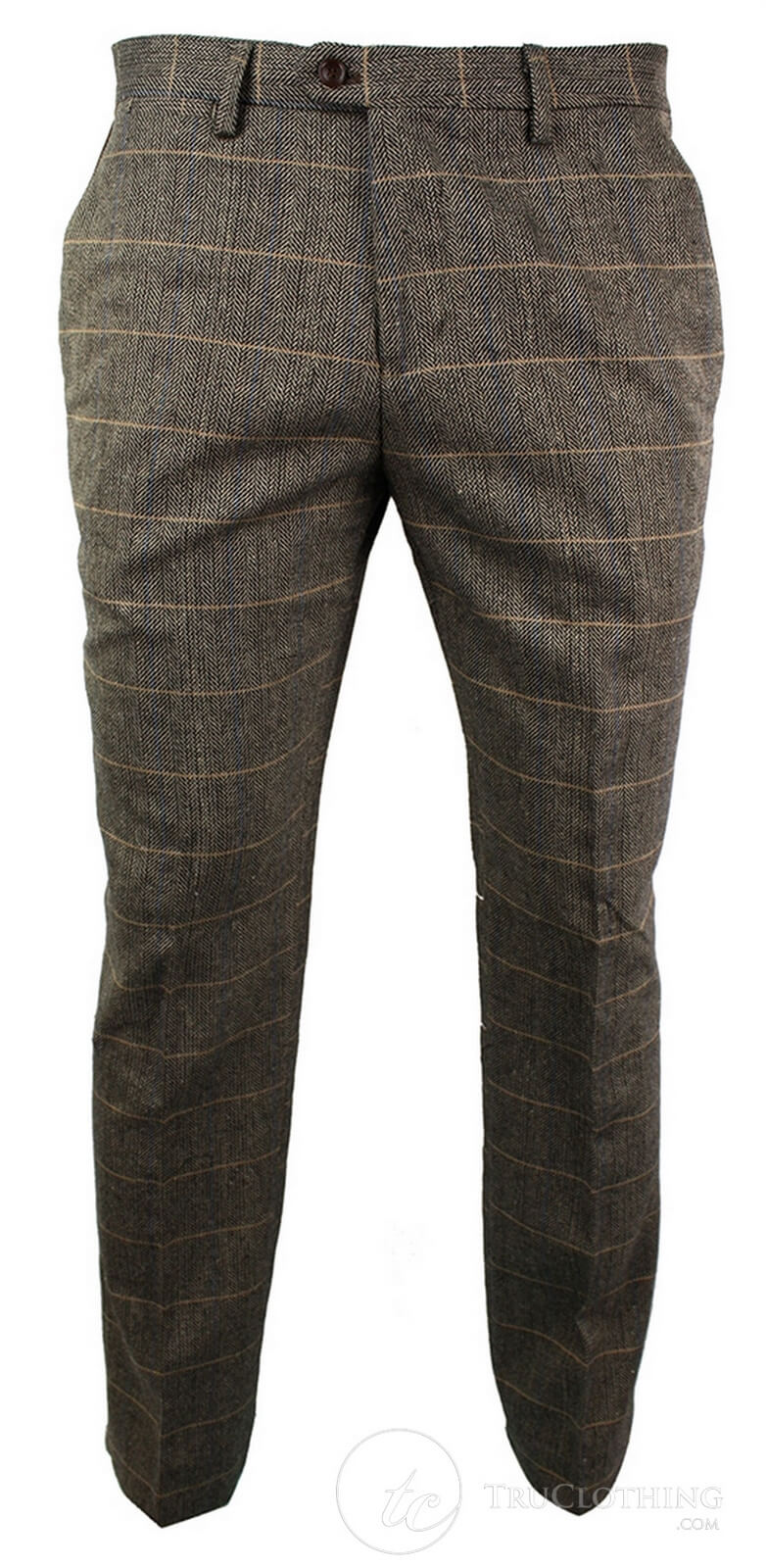Dx-7 - Men's Tweed Check Trouser Herringbone Tan Brown Regular