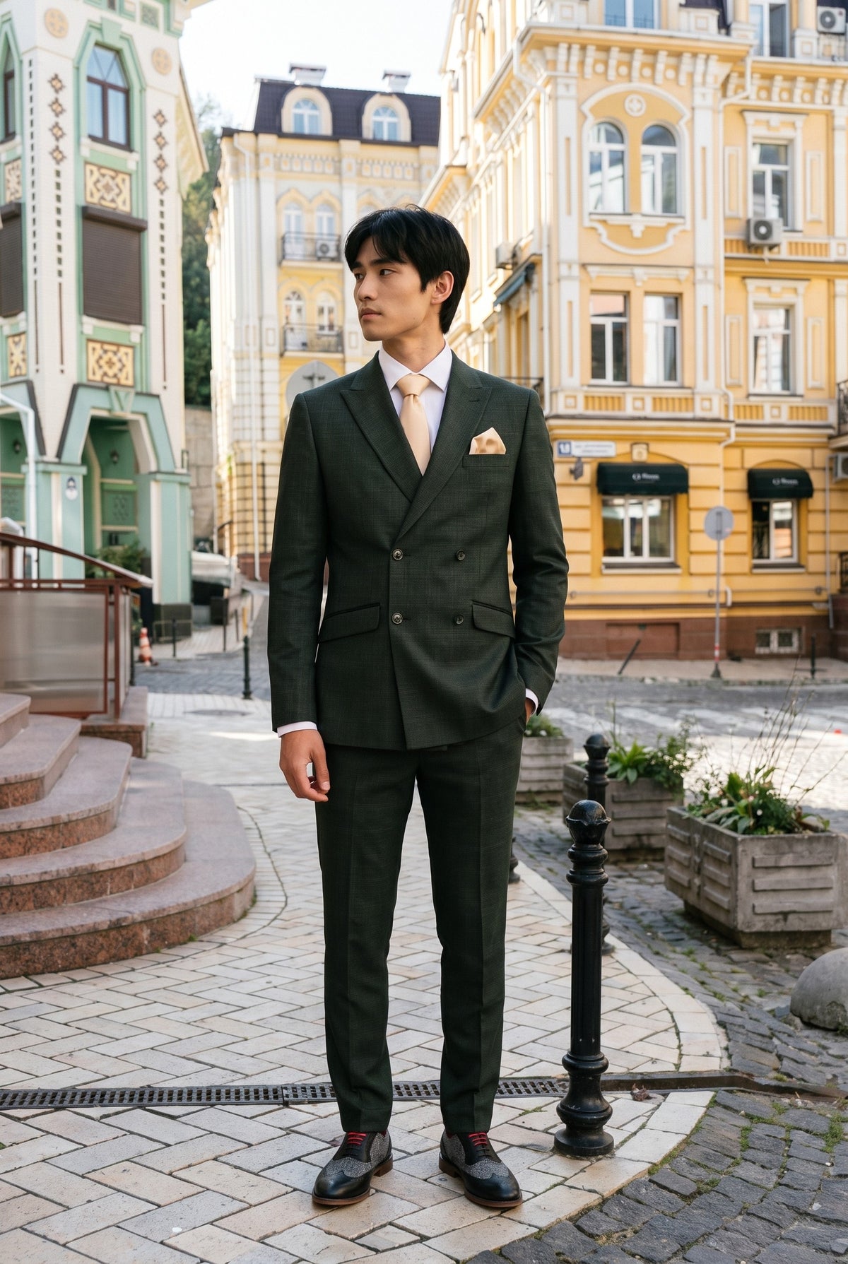 Look #780 styled with Caridi - Мъжки костюм от 2 части, маслиненозелен, с двойно закопчаване