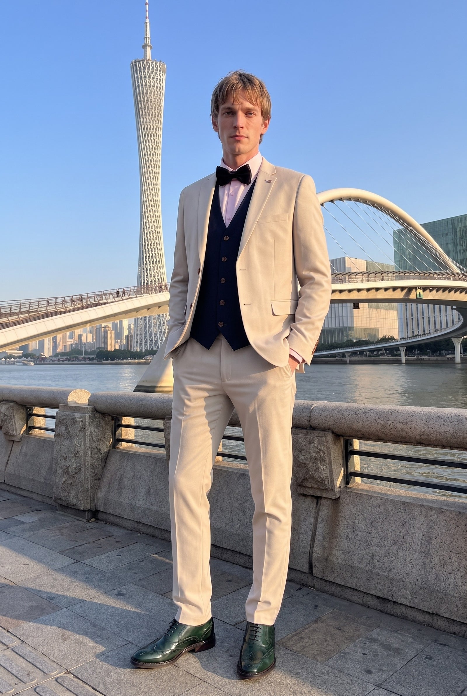 Look #999 styled with Mayfair - Мъжки кремав костюм от 3 части с тъмносиня жилетка