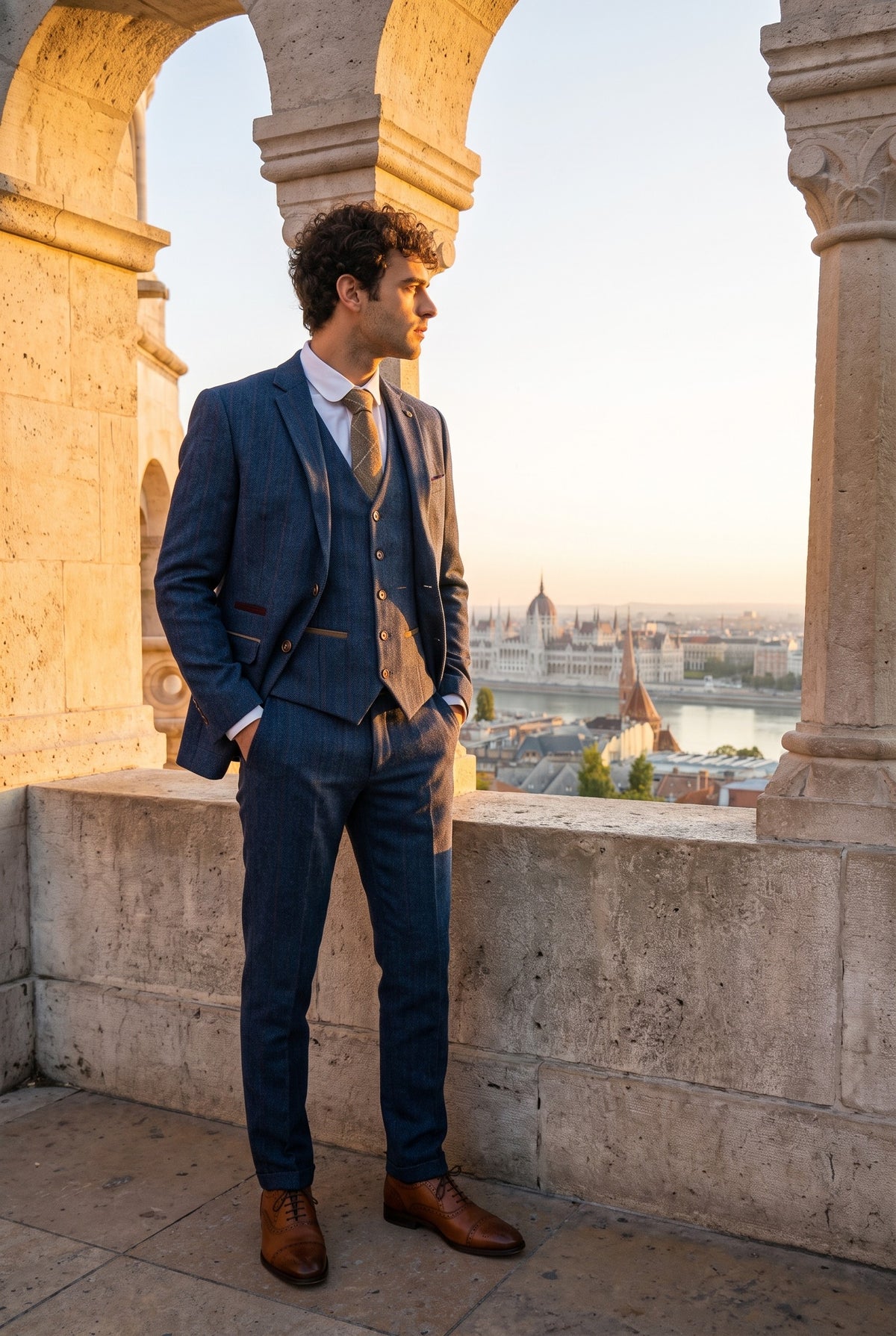 Look #365 styled with Мъжки костюм Scott от 3 части в син цвят, кариран от туид
