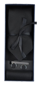 Satin Silk Textured Black Tie Gift Set Pocket Square Cuff Links Tie Matt Satin