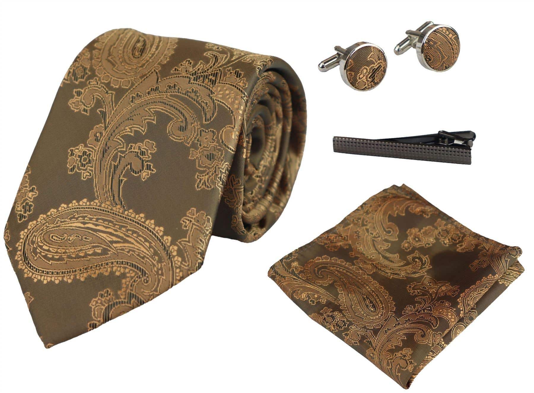 Paisley Neck Bronze Tie Gift Set Pocket Square Cuff Links Tie Floral Satin
