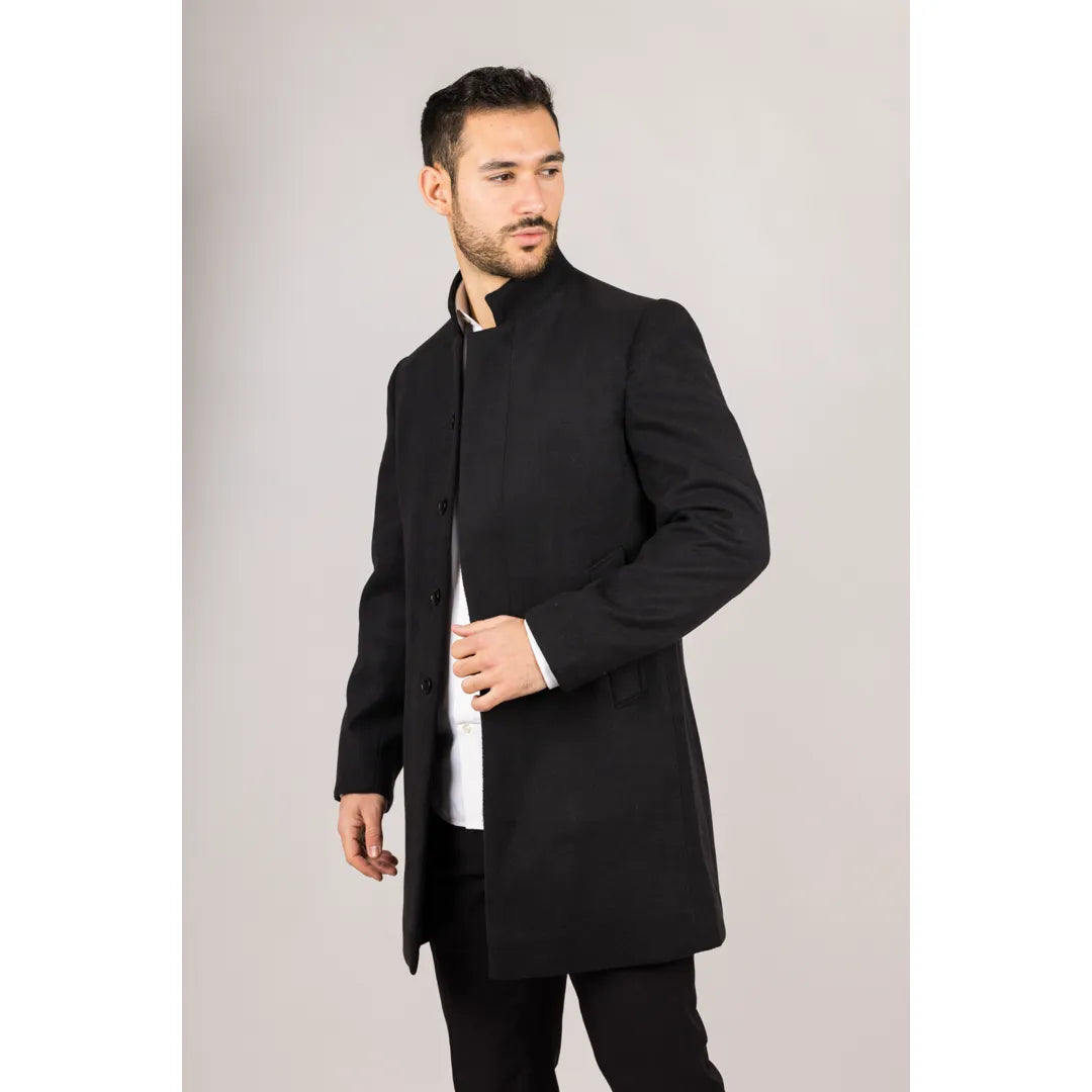 Men's Stand Collar Wool Blend Black Overcoat